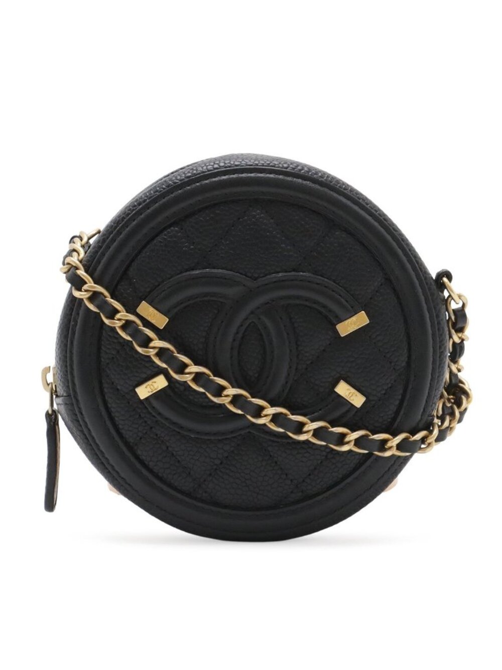 Chanel CC Filigree CC Logo Round Chain Shoulder Bag Pochette Caviar Leather